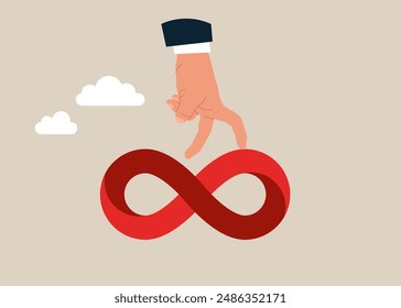 Human hand traveling on never ending infinity loop. Business cycle, infinity routine job or career path, competition to success, impossible illusion. Flat modern vector illustration.