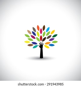 human hand & tree icon with colorful leaves - eco concept vector. This graphic also represents environmental protection, nature conservation, eco friendly, renewable, sustainability, nature loving