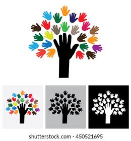 human hand & tree icon with colorful palms - concept vector icon. This graphic also represents empathy, human connections, people community, unity and togetherness, united people, care and help