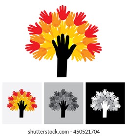 human hand & tree icon with colorful palms - concept vector icon. This graphic also represents empathy, human connections, people community, unity and togetherness, united people, care and help