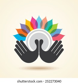 human hand & tree icon with colourful leaves - eco concept vector. 
