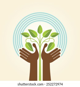 human hand & tree icon with green leaves - eco concept vector. 