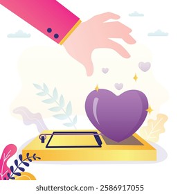 Human hand trying to catch giant heart in mouse trap. Animal trap with heart as bait. mousetrap with bait heart. trap of love. Online dating, relationship, deception problems. flat vector Illustration