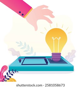 Human hand trying to catch new ideas in mouse trap. Light bulb bait for employees, fake innovation. Unattainable positive result, useless work. Bait or lure for entrepreneur. flat vector illustration