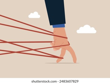 Mano humana tratando de huir con todo su esfuerzo. Negocios en dificultades. Ilustración vectorial