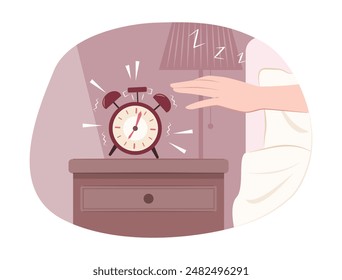 Human Hand Turning Off the Alarm Clock by the Bedside for Sleep Concept Illustration Clip Art