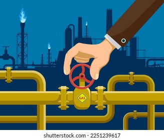 Human hand turns the valve of the gas pipeline. Vector illustration