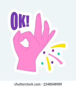 Human hand with two fingers shows ok and approve gesture. Vector illustration in cartoon sticker design