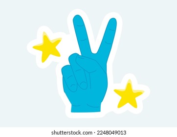 Human hand with two fingers shows victory and peace gesture. Vector illustration in cartoon sticker design