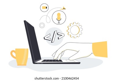 Human hand typing on computer with different symbols above located near cup of coffee. Side view of open laptop flat vector illustration. New technologies, millennials at work concept