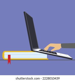 Human hand typing on computer with different symbols above the book. Side view of open laptop flat vector illustration.