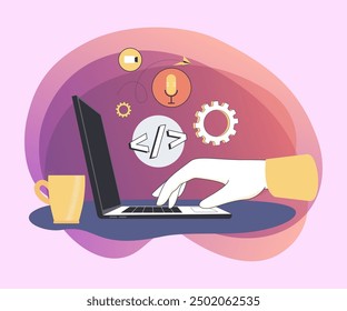 Human hand typing on computer with different symbols above located near cup of coffee. Side view of open laptop flat vector illustration. New technologies, millennials at work concept