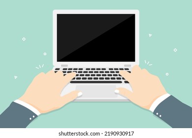 Human hand typing on laptop with elements shapes geometric, Digital marketing illustration.