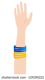 Human hand with Ukrainian flag rubber wristbands.
