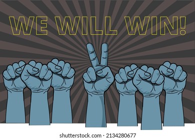 La mano humana arriba. Dos dedos, manos mostrando señal de victoria. Fuerza del puño de mano