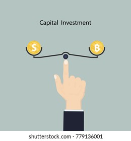 Human hand with US dollar and bitcoin sign.Dollar and Bitcoins exchange concept.Digital virtual electronic coins bitcoins concept.Capital investment sign.Bitcoin transaction.Vector illustration.