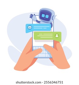 Human Hand Use Robot in Chat as Smart Android Assistant Machine Vector Illustration