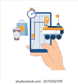 Human Hand Use Robot Online Delivery Service with Smartphone App Vector Illustration