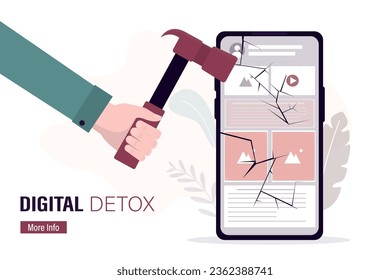 Human hand uses hammer breaks mobile phone to get rid of addiction. Refusing internet. Digital detox. Unhappy user suffering from online addiction. Mental health. flat vector illustration