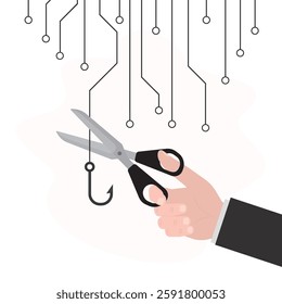 Human hand uses scissors and cut off fishing hook. Fight against scam, internet phishing. Smart user does not become victim of scammers and thieves. Cyber bait, deceit. flat vector illustration