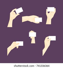Human Hand Using Blank Empty Plastic Card Set on a Purple Background Place for Your Text. Vector illustration