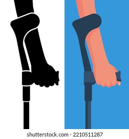 Human hand using crutch. Set black icon and flat icon. Elbow crutch on white background. Vector illustration cartoon design. Help for a person with restriction. 