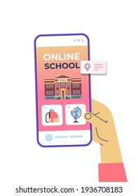 human hand using digital mobile app distance education online school e-learning social distance concept