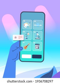 human hand using digital mobile app distance education online school e-learning social distance concept