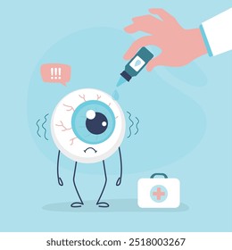 Mano humana con tratamiento de gotas para los ojos para la conjuntivitis, la fatiga o la hidratación. Tratamiento médico. Ojo enfermo. Alergia o inflamación ocular. Cuidado de los ojos, problemas de la vista. Ilustración vectorial plana