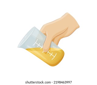 Human Hand Using Measuring Cup For Baking And Cooking. Plastic Or Glass Container With Measuring Scale Filled With Liquid. Kitchen Utensil For Cooking Cartoon Vector