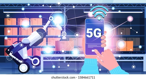 human hand using mobile app controlling robotic loader 5G online wireless system connection fifth innovative generation internet concept robot warehouse worker with cardboard box horizontal vector
