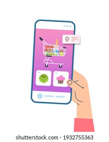 human hand using mobile app for ordering groceries fast delivery online shopping e-commerce food order concept isolated vector illustration