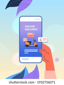 human hand using mobile app for ordering goods by scooter fast delivery service online shopping e-commerce concept vector illustration
