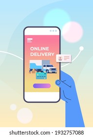 human hand using mobile app for ordering goods by cargo truck fast delivery service online shopping logistics concept vertical vector illustration