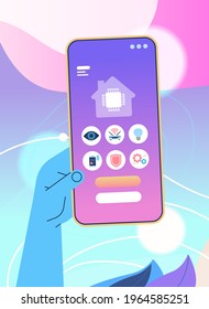 human hand using mobile app for smart house system control on smartphone screen technology and lifestyle