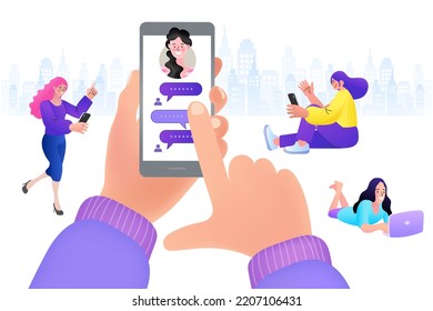 Human hand using mobile phone for chat. smart phone with messenger app. Young people texting messages via messenger using smartphone. people using gadgets walking outdoors in the city. Flat vector.