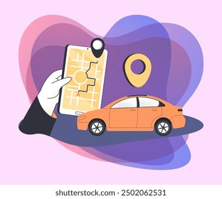 Human hand using navigation app on phone. Car, location pin, finding road leading to destination flat vector illustration. Transportation, delivery concept for banner