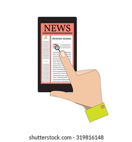 Human Hand using News on a Smart Phone with News. Vector Illustration.
