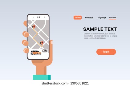 human hand using online ordering taxi car sharing mobile application concept transportation carsharing service carpooling app smartphone screen with gps map copy space horizontal
