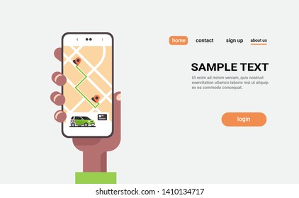 human hand using online ordering taxi car sharing mobile application concept transportation carsharing service carpooling app smartphone screen with gps map copy space horizontal