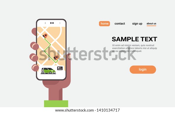 human hand\
using online ordering taxi car sharing mobile application concept\
transportation carsharing service carpooling app smartphone screen\
with gps map copy space\
horizontal