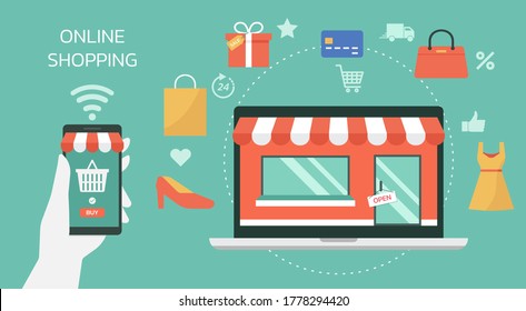 human hand using online shopping application on smart phone device, internet digital store on laptop computer concept with products, e-payment, e-commerce, flat vector graphic illustration