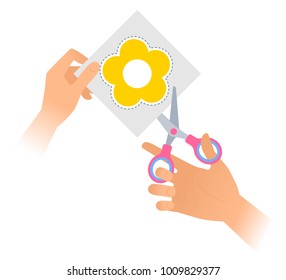 Human hand is using a pair of scissors to cut out a flower from paper. Flat vector illustration of yellow flower shape with dotted line on a piece of sheet and steel office shears with plastic handles