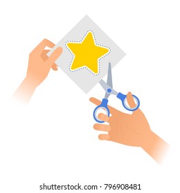 Human hand is using a pair of scissors to cut out a star from paper. Flat vector illustration of yellow star shape with dotted line on a piece of sheet and steel office shears with plastic handles.