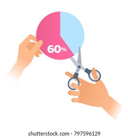 Human hand is using a scissors to cut a 60 percent section of pie chart off. Flat illustration of steel office shears with plastic handles cutting out a percentage from profit. Vector business concept