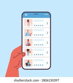 human hand using smartphone choosing doctor in mobile app online medical consultation healthcare service medicine concept vector illustration