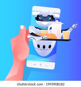 human hand using smartphone with modern robot waiter serving food on screen artificial intelligence technology