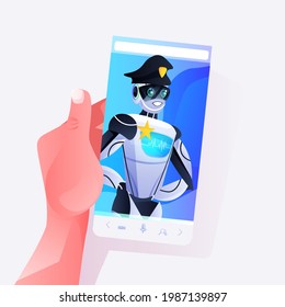 Human Hand Using Smartphone With Police Robot On Screen Patrol Cop In Uniform Artificial Intelligence Technology