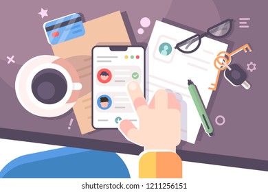 Mano humana usando el fondo de escritorio de smartphone. Vista superior de la mesa, carpeta, smartphone, taza de café. Concepto de espacio de trabajo. Plano. Ilustración vectorial.