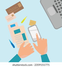 Human hand using smartphone workplace desktop background.Top view of table, folder, smartphone, laptop. Work space concept. Flat. Vector illustration.